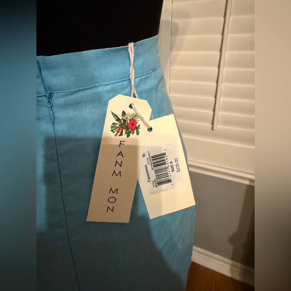 NWT Fanm Mon Marion Linen Teal Butterfly Midi Pencil Skirt Size S - Picture 4 of 4
